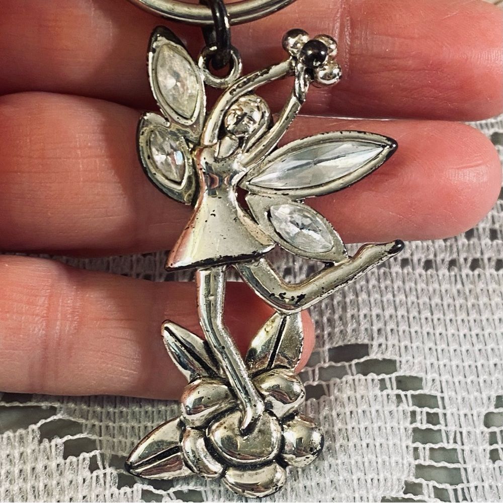 Silver Tone Fairy Keychain Pendent Whimsical Fairy Goth w Rhinestone Accents